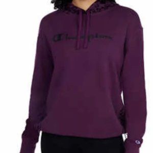 Champion Logo Print Plum Red Block Hoodie for Women- Large